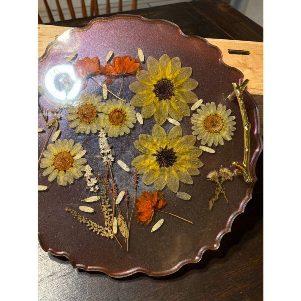 Handcrafted Floral Epoxy Resin Serving Tray with Gold Branch Handles